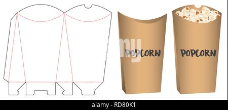 popcorn packaging die cut template design. 3d mock-up Stock Vector