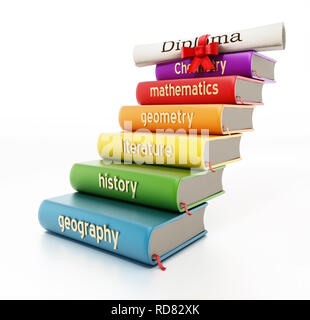 School course books forming a staircase through a diploma. 3D illustration. Stock Photo