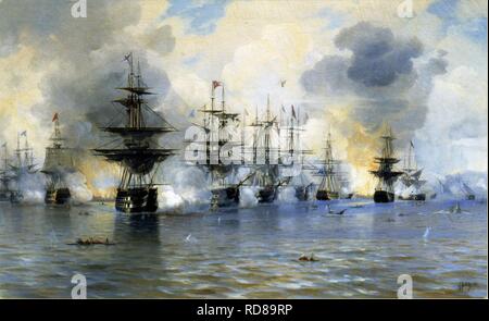 The Naval Battle of Navarino on 20 October 1827. Museum: State Central Navy Museum, St. Petersburg. Author: Blinov, Leonid Demyanovich. Stock Photo