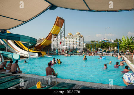 Turkler, Turkey - August 4, 2018: View on many all inclusive concept hotels in resort area with aquapark Stock Photo