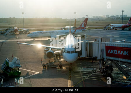 Alanya, Turkey - August 5, 2018: Airplane preparation for flight in Alanya Gazipasa Airport Stock Photo