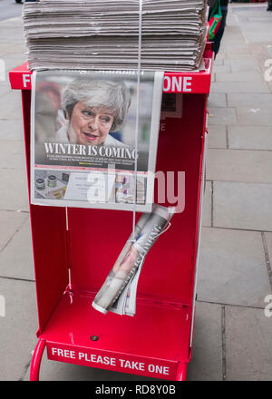 Theresa May,Evening standard newspaper headline, "winters coming" Evening standard free newspaper dispensed on streets of London Stock Photo