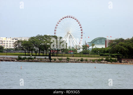 View of the Ferris Wheel from Navy Pier in Chicago, IL, USA Stock Photo