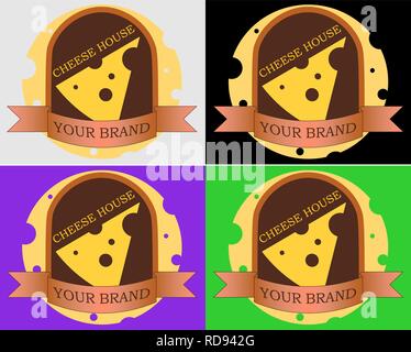 logo cheese shop or a cheese factory Mink Mouse and slice of cheese Stock Vector