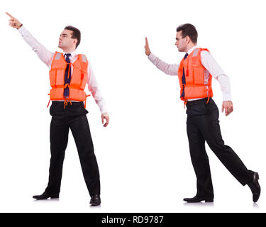 Man in life-jacket isolated on white Stock Photo