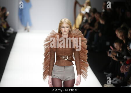 Berlin, Germany. 16th Jan, 2019. Berlin. The photo shows models on the catwalk with the Autum/Winter 2019 collection of the designer Danny Reinke at Mercedes Benz Fashion Week in the E-Werk in Berlin-Mitte. Credit: Simone Kuhlmey/Pacific Press/Alamy Live News Stock Photo