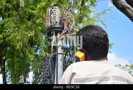 technician is plugging in a network cable to the line socket. Stock Photo