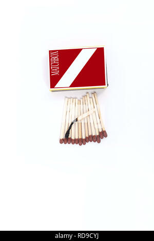 Portrait of one burned matchstick on the open matches with box. Isolated on the white background. Stock Photo