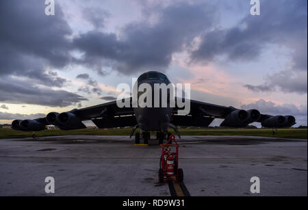 A B-52 Stratofortress bomber from the 5th Bomb Wing at Minot Air Force Base (AFB), North Dakota, sits on the flightline at Andersen AFB, Guam, Jan. 15, 2019. The bombers from Minot will assume responsibility for the U.S. Indo-Pacific Command’s Continuous Bomber Presence mission from the 96th Expeditionary Bomb Squadron from Barksdale AFB, Louisiana. (U.S. Air Force photo by Senior Airman Christopher Quail) Stock Photo