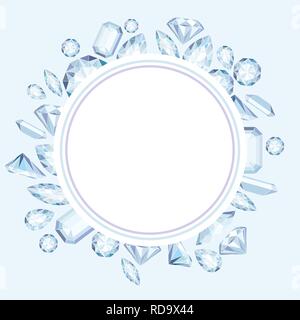 Vector circle label with diamonds and crystals pastel color background with bright gem Stock Vector