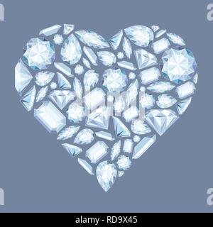 Vector heart shape with diamonds and crystals pastel color background with bright gem for st valentines day Stock Vector