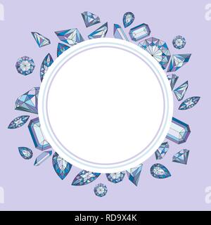 Vector circle label with diamonds and crystals colorful background with violet gem Stock Vector