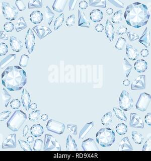 Vector circle frame with diamonds and crystals pastel color background with bright gem Stock Vector