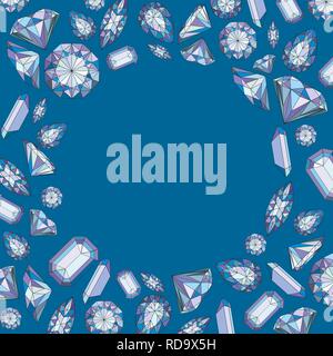 Vector circle frame with diamonds and crystals colorful background with violet gem Stock Vector