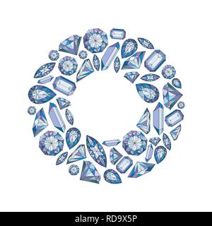 Vector circle wreath fame with diamonds and crystals colorful background with violet gem Stock Vector