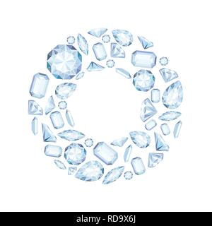 Vector circle wreath frame with diamonds and crystals pastel color background with bright gem Stock Vector