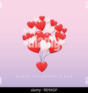 happy valentine's day concept. group of heart in red and white color floating as balloon up to the sky with text happy valentines day. creative vector Stock Vector