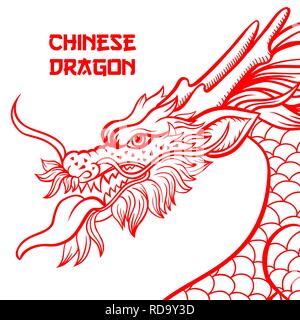 Chinese dragon hand drawn vector illustration. Mythical creature ink pen sketch. Red and white clipart. Serpent freehand drawing. Isolated monochrome mythic design element. Chinese new year poster Stock Vector