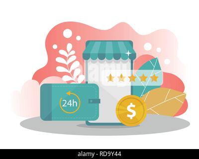Online shopping. mobile phone with money, rating stars on modern background. Stock Vector