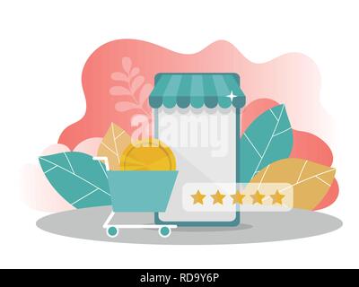 Online shopping. mobile phone with money, rating stars on modern background. Stock Vector