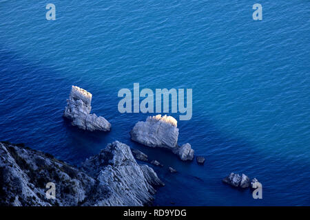 Aerial view of the Two Sister (Due Sorelle) bay, Riviera del Conero, Adriatic Sea, Sirolo, Ancona, Marche, Italy Stock Photo