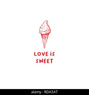 Valentines Day ice Cream Greeting Card or Poster with Sketch. Laser Cutting File Isolated on White Background. Vector Engraved with Lettering Wishes Love You Stock Vector