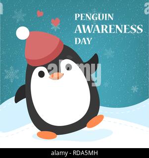 Penguin Awareness Day greeting card. Animal balancing. Banner for holiday. Save environment concept. Polar cute funny bird. Penguin day advertisement. Stock Vector