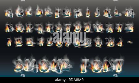 Smoke font with fire. Smoky letters and numbers. Alphabet. Smoke burning vector font Stock Vector