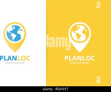 Vector world and map pointer logo combination. Earth and gps locator symbol or icon. Unique globe and pin logotype design template. Stock Vector