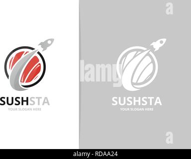 Vector sushi and rocket logo combination. Japanese food and airplane symbol or icon. Unique seafood and flight logotype design template. Stock Vector