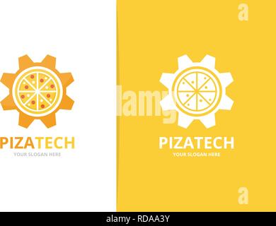 Vector pizza and gear logo combination. Food and mechanic symbol or icon. Unique pizzeria and industrial logotype design template. Stock Vector