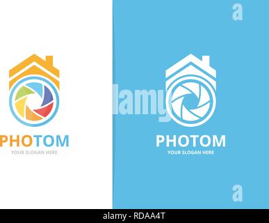 Vector camera shutter and real estate logo combination. Lens and house symbol or icon. Unique photo and rent logotype design template. Stock Vector