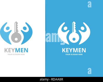 Vector key and people logo combination. Lock and family symbol or icon. Unique house and team logotype design template. Stock Vector
