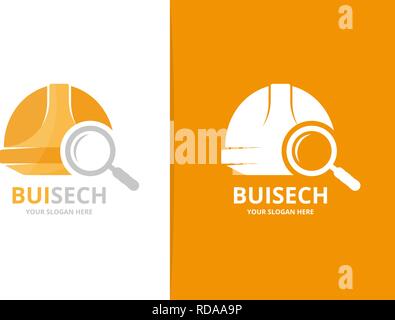 Vector helmet and loupe logo combination. Hat and magnifying symbol or icon. Unique safety and search logotype design template. Stock Vector