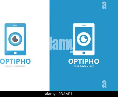 Vector eye and phone logo combination. Optic and mobile symbol or icon. Unique vision and device logotype design template. Stock Vector
