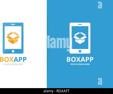 Vector box and phone logo combination. Package and mobile symbol or icon. Unique delivery and device logotype design template. Stock Vector