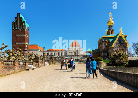 Darmstadt, Germany - April 08, 2018: Mathildenhoehe in Darmstadt, with unidentified people. It is a hill in the city center with an ensemble of histor Stock Photo