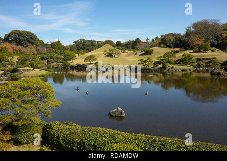 Kumamoto, Japan - November 11, 2018: Suizenji Garden, Suizenji Jōjuen, is a spacious Japanese style landscape garden in Kumamoto Stock Photo