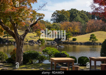 Kumamoto, Japan - November 11, 2018: Suizenji Garden, Suizenji Jōjuen, is a spacious Japanese style landscape garden in Kumamoto Stock Photo