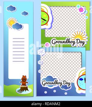 Set templates frame and flyer for Groundhog Day - stickers cartoon illustration with sun and clouds. Second February greeting poster, banner, postcard, scrapbook. Stock Vector