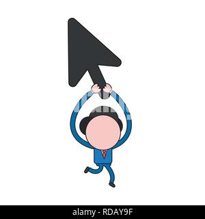 Vector illustration businessman character running and holding up mouse cursor icon. Color and black outlines. Stock Vector