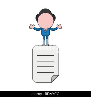 Vector illustration businessman character standing on written paper icon. Color and black outlines. Stock Vector