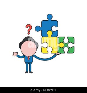 Vector illustration businessman character holding connected puzzle pieces and confused for missing puzzle piece. Color and black outlines. Stock Vector