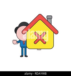 Vector illustration businessman character holding house with red mark icon. Color and black outlines. Stock Vector