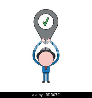 Vector illustration businessman character holding up map pointer with check mark. Color and black outlines. Stock Vector