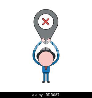 Vector illustration businessman character holding up map pointer with x mark. Color and black outlines. Stock Vector