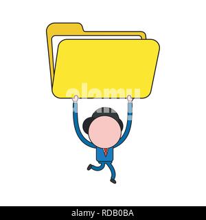 Vector illustration businessman character running and carrying open file folder icon. Color and black outlines. Stock Vector