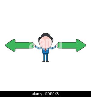 Vector illustration businessman character holding arrow pointing left and right ways. Color and black outlines. Stock Vector