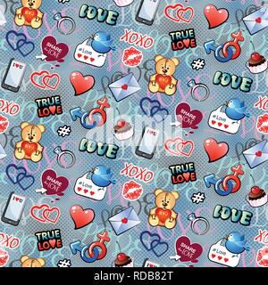 Seamless pattern with funny love elements for Valentines day. Vector illustration. Stock Vector