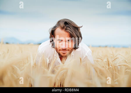 The beautiful brutal young man with long brunette hairs poses in the field with wheat, suntanned man, easy beard, sunset light, turns, smiles, flirts, Stock Photo